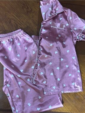 SHEIN Pink Satin Heart-Print Pajama Set